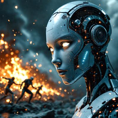 The primary subject of the image is a futuristic robot with glowing eyes, standing in a dark and smoky environment. The robot appears to be the main focus of the scene. The setting is a rocky area with a fire in the background, creating a dramatic and intense atmosphere. The visual style of the image is digital art, as it is a computer-generated representation of the robot. The colors and mood of the image are dark and mysterious, with the glowing eyes of the robot being the